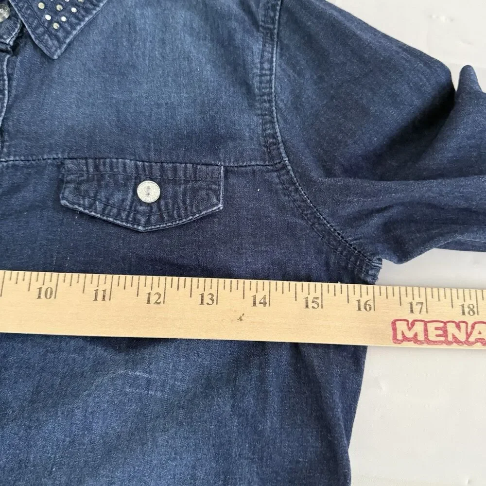 Justice Girls 12 Denim Button Down Shrit Western Rhinestone Sparkle Blue Country